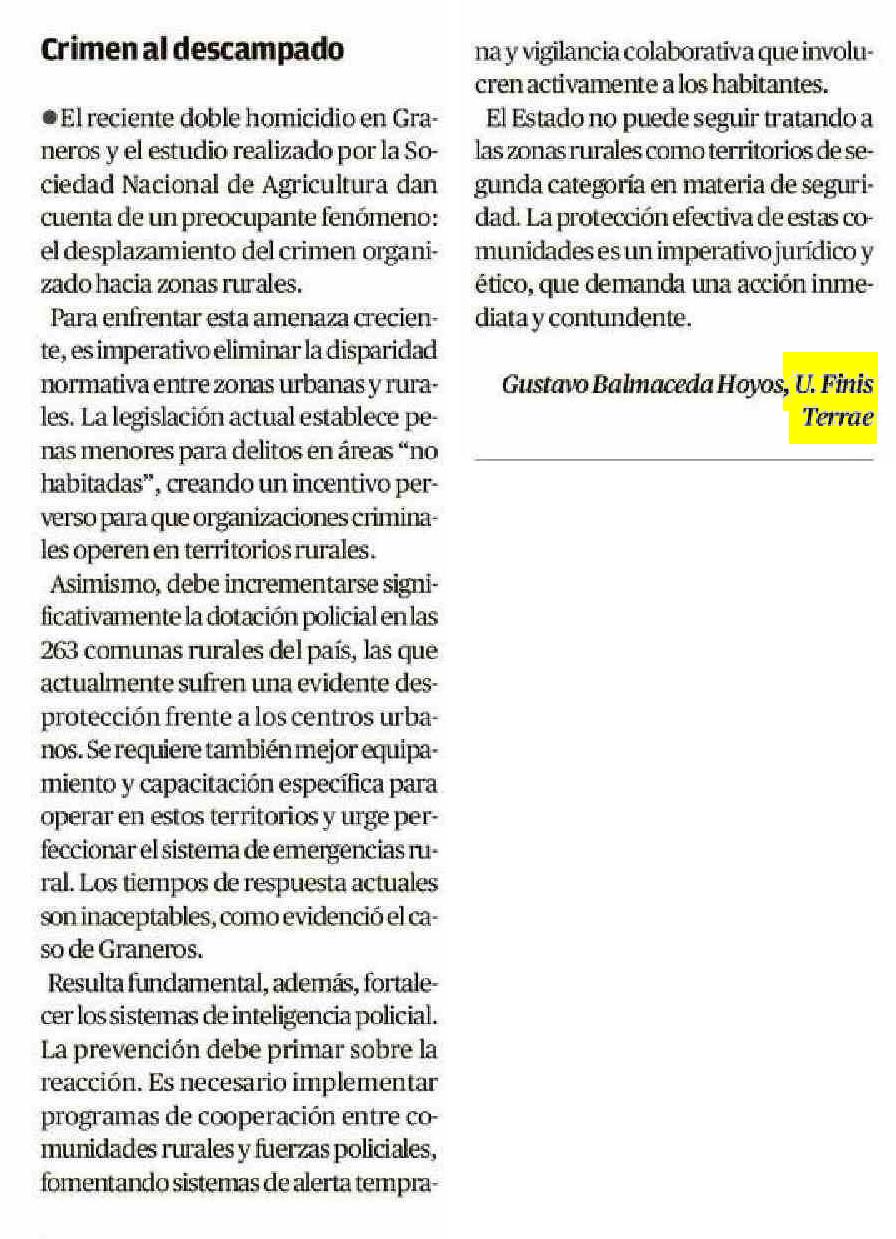 Carta al Director sobre auge crimen organizado mundo rural