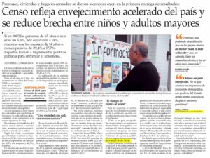Reportaje de El Mercurio sobre cifras del Censo que dan cuenta del envejecimiento acelerado de la población en Chile y la reducción de la brecha entre el número de niños y de adultos mayores en Chile.