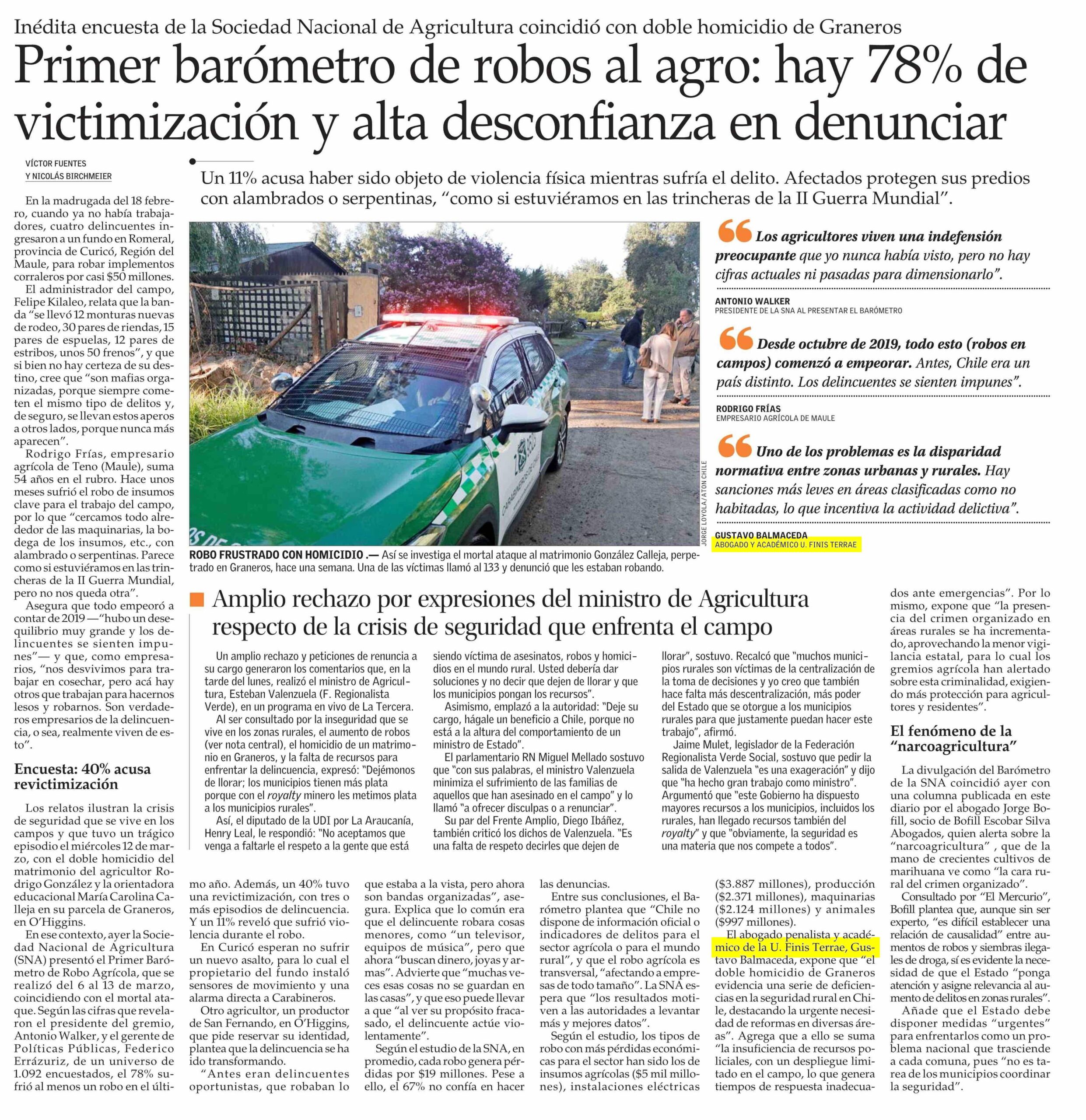 El-Mercurio-Profesor-abogado-penalista-Gustavo Balmaceda-Facultad-Derecho-Universidad-Foinis-Terrae-deficiencias-seguridad-rural-encuesta-Sociedad-Nacional-Agricultura-crimen-zonas-rurales-completo