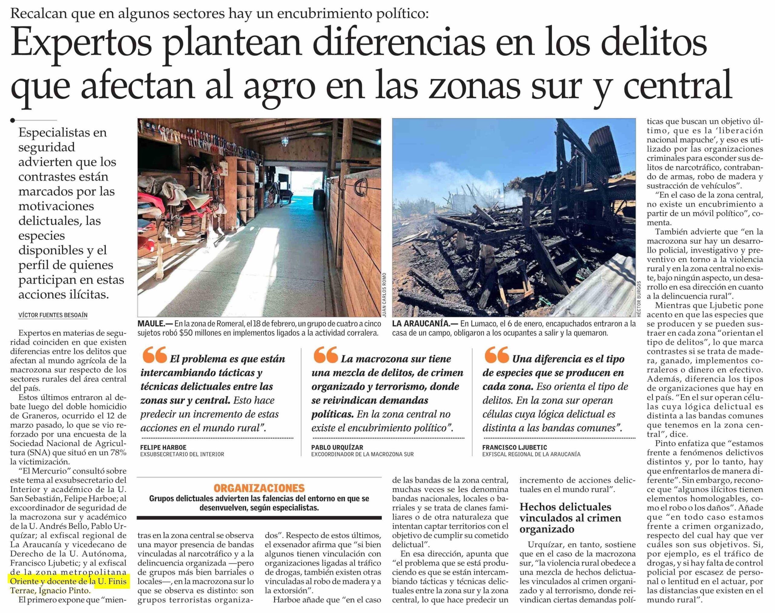 Reportaje de El Mercurio diferencias en los delitos que afectan al agro en las zonas sur y central